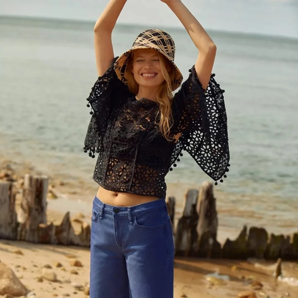 NWT Anthropologie Black Victoria Lace Cutwork Pom Pom  Blouse XS